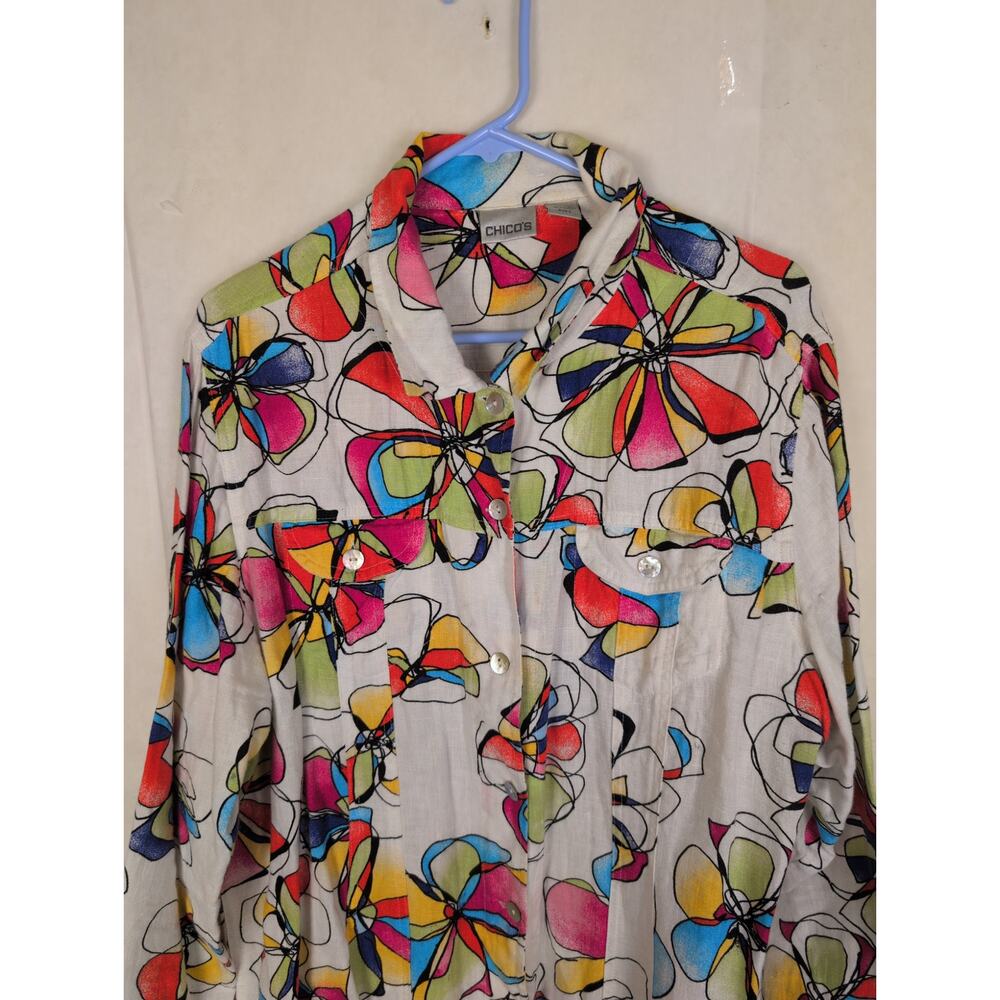 Chicos white floral linen button up top Size 3/ XL Retro Lagenlook Boho Coastal - Picture 4 of 5